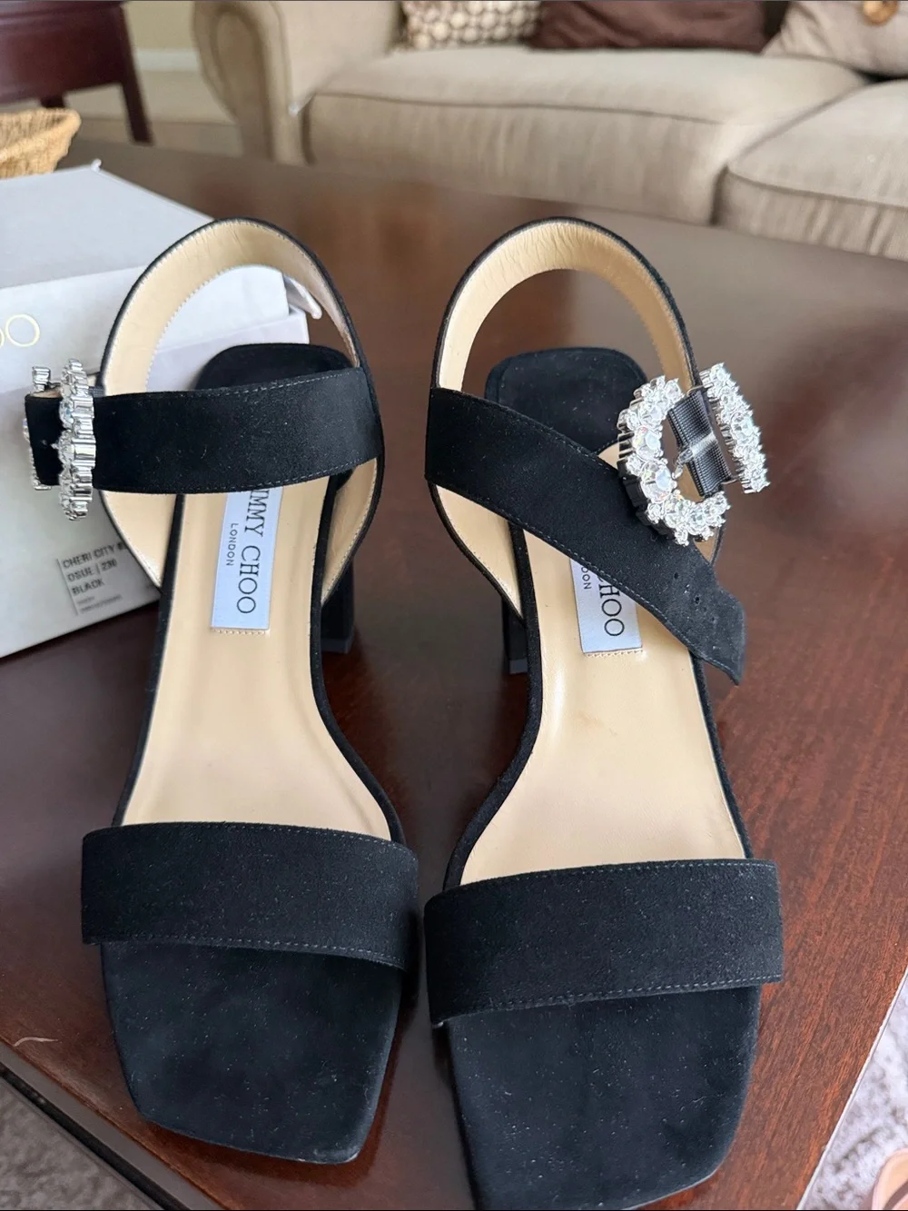 Jimmy Choo Black Suede Crystal-Buckle Block Heel Sandals nwt size 40.5 - Picture 3 of 10